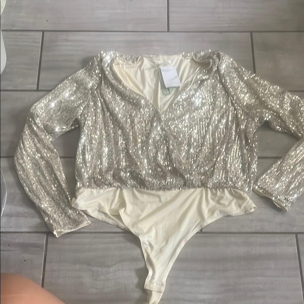 H&M Cream and Silver Sequin Top